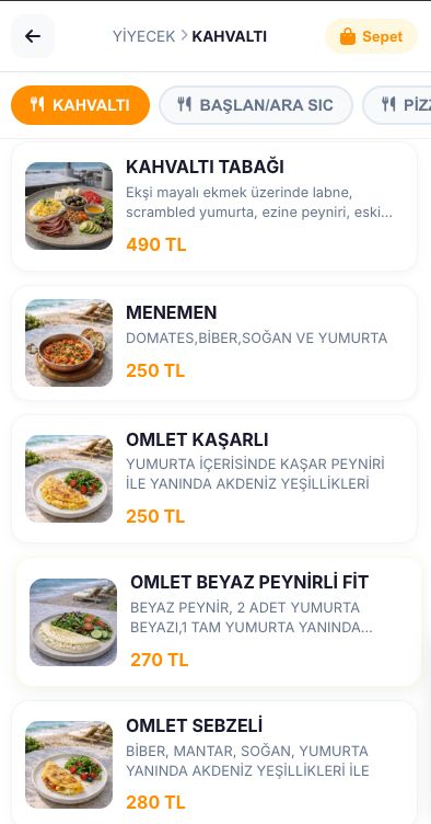Adisyonix QR menü telefon ekranı: kahvaltı kategorisi, fotoğraflı ürünler, açıklamalar ve fiyatlar