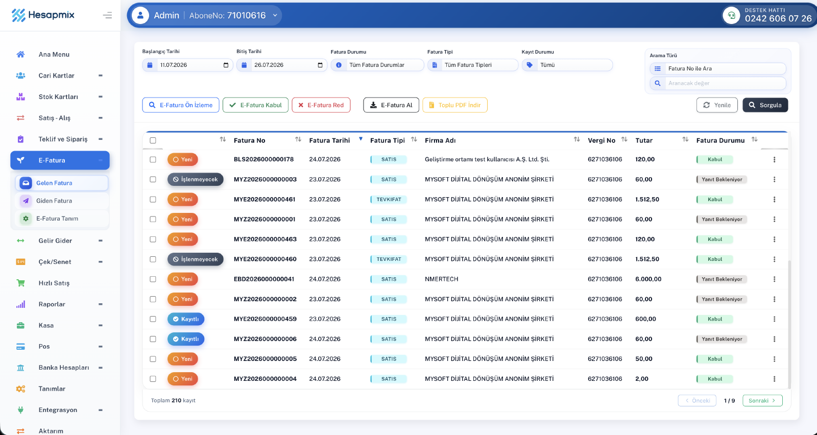 Hesapmix e-fatura listesi: giden belgeler, durumları ve tutarları