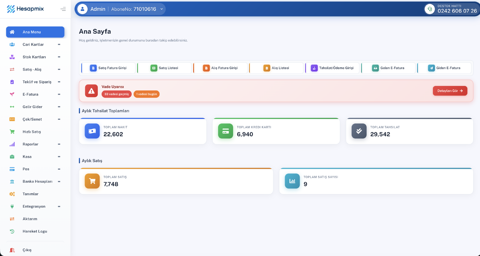 Hesapmix ana ekranı: finansal özet, cari hareketler ve modül kısayolları