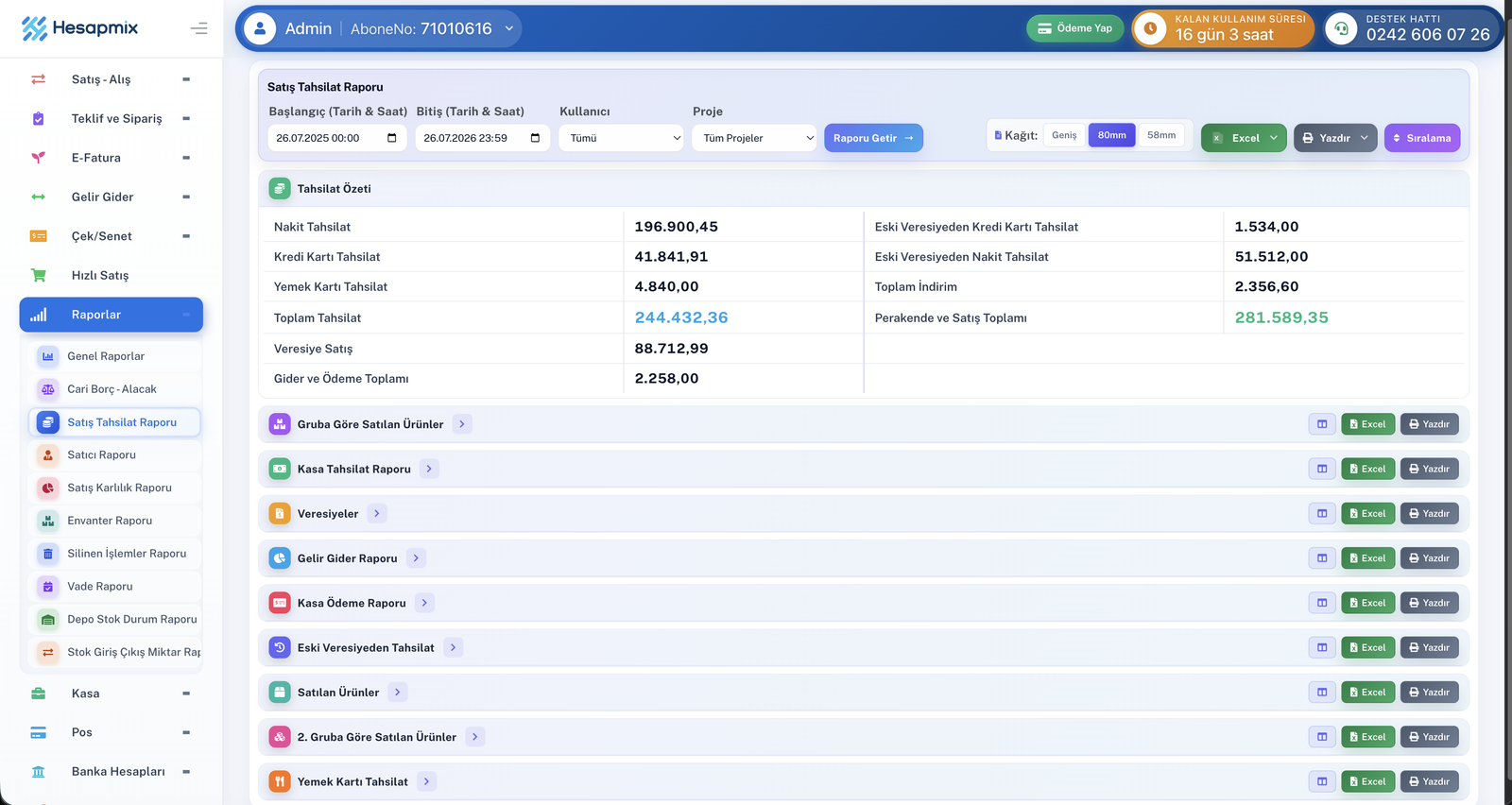 Hesapmix rapor ekranı: finansal özet tabloları ve grafikler